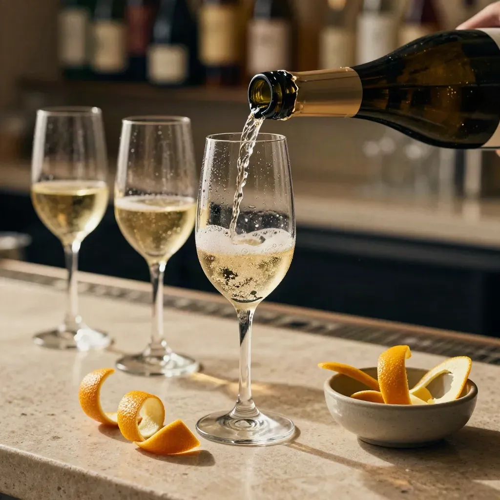 Bottiglia di spumante extra dry, due flute e scorza di agrume su bancone da bar, con bollicine in luce.