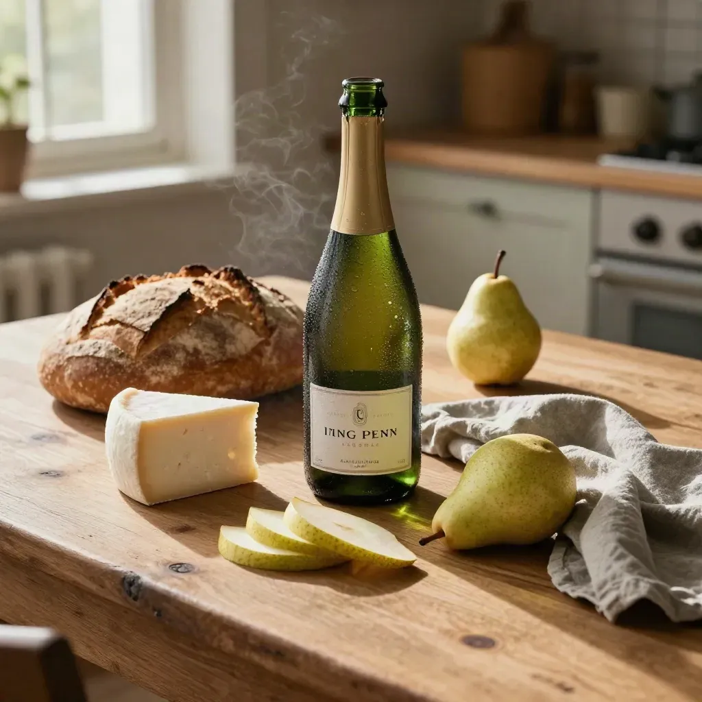 Bottiglia di brut con pane rustico, formaggio e pere su tavolo di fattoria, luce calda.