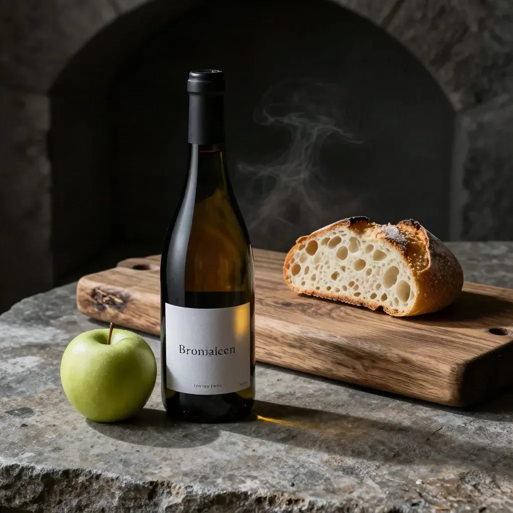 Bottiglia di brut con mela verde e pane su pietra, in una cantina buia.