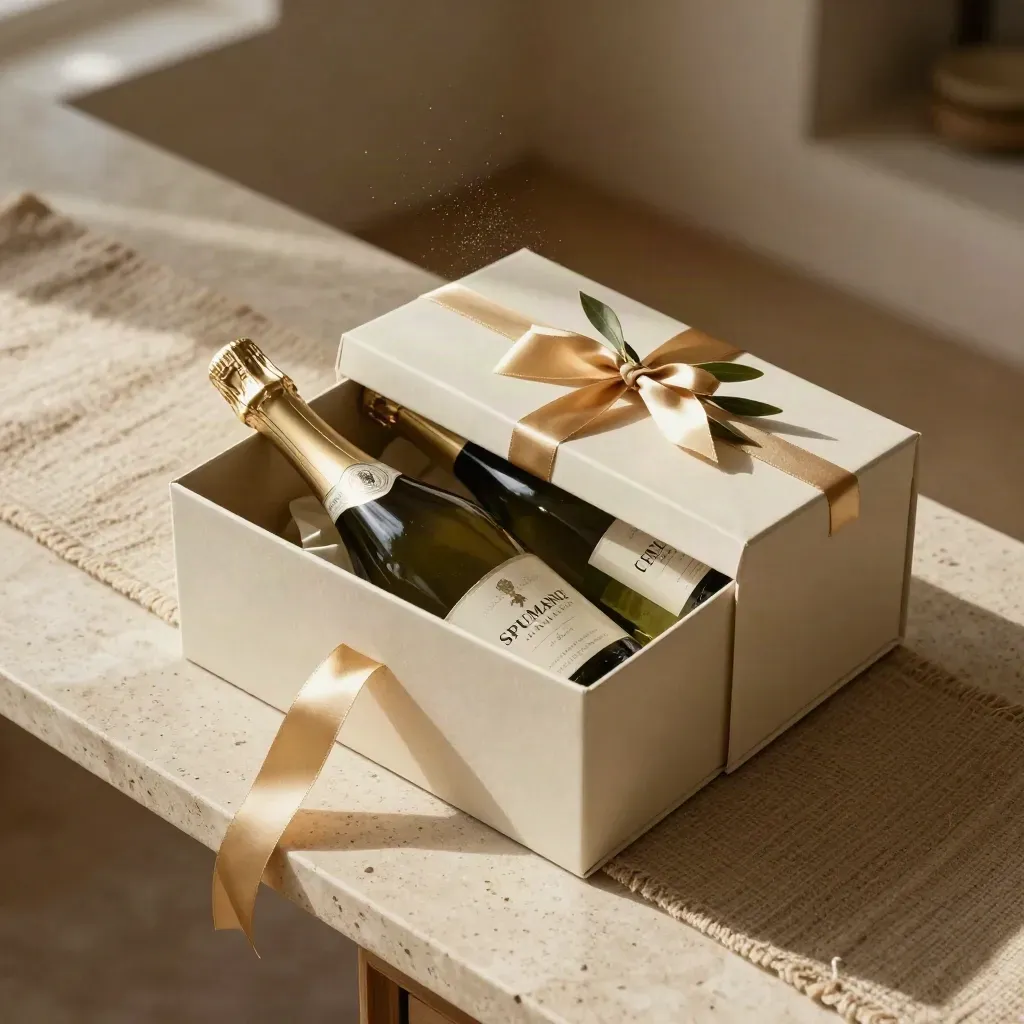 Scatola regalo per due bottiglie con nastro oro e ramoscello d’ulivo su runner di lana