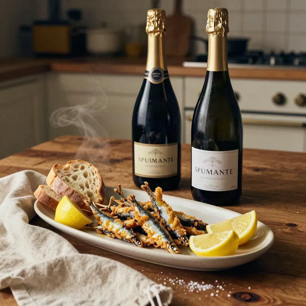 Bottiglia di spumante brut con alici fritte, limoni e pane su tavolo di famiglia