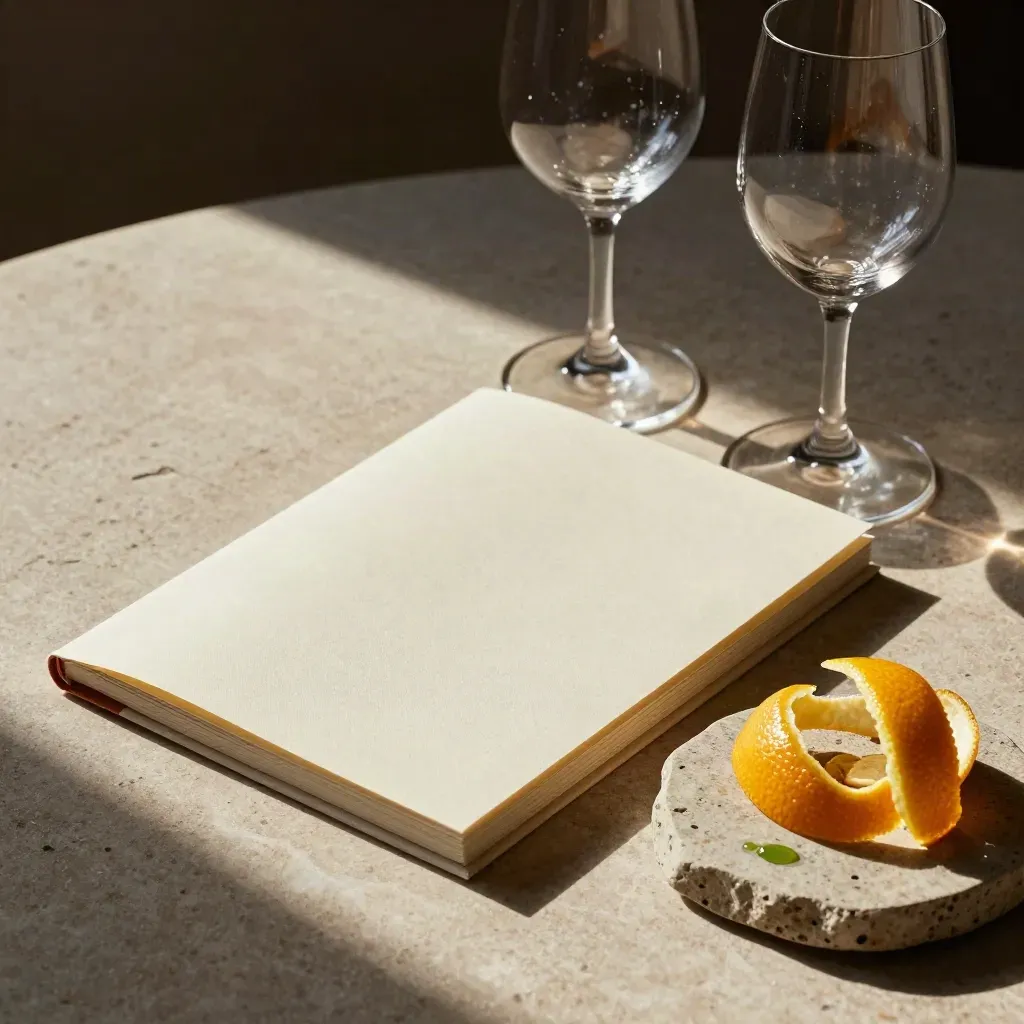 Kit di degustazione con booklet chiuso, due calici e scorza di agrumi su tavolo in pietra.