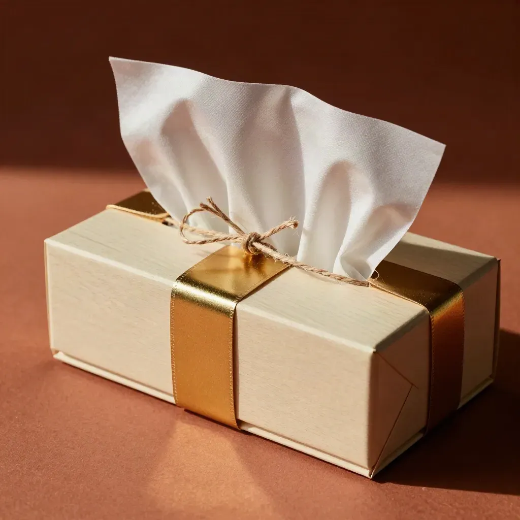 Scatola regalo dorata aperta con carta velina e spago su superficie da imballaggio.