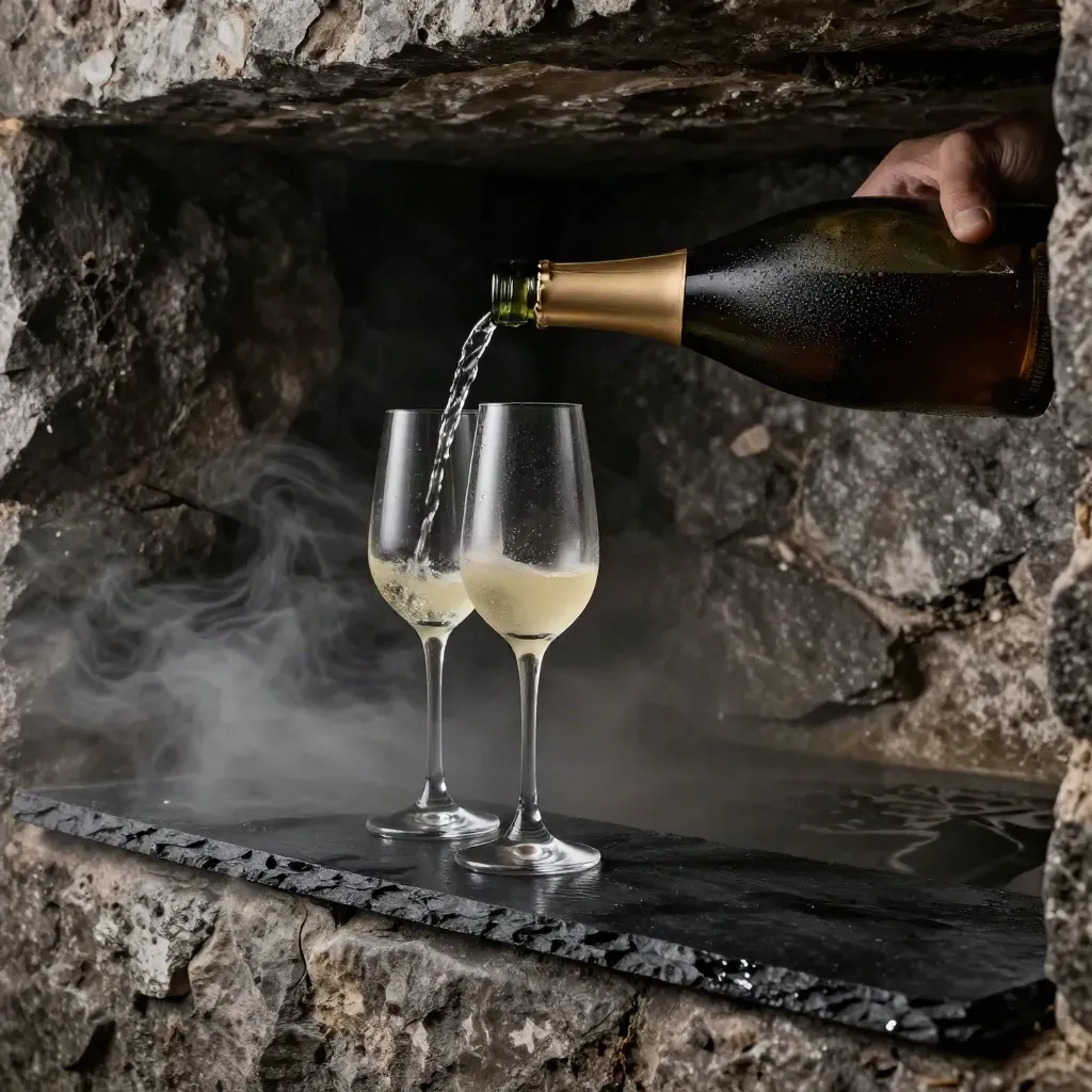Bottiglia di brut e due calici su una lastra d’ardesia, nel vuoto di una cantina