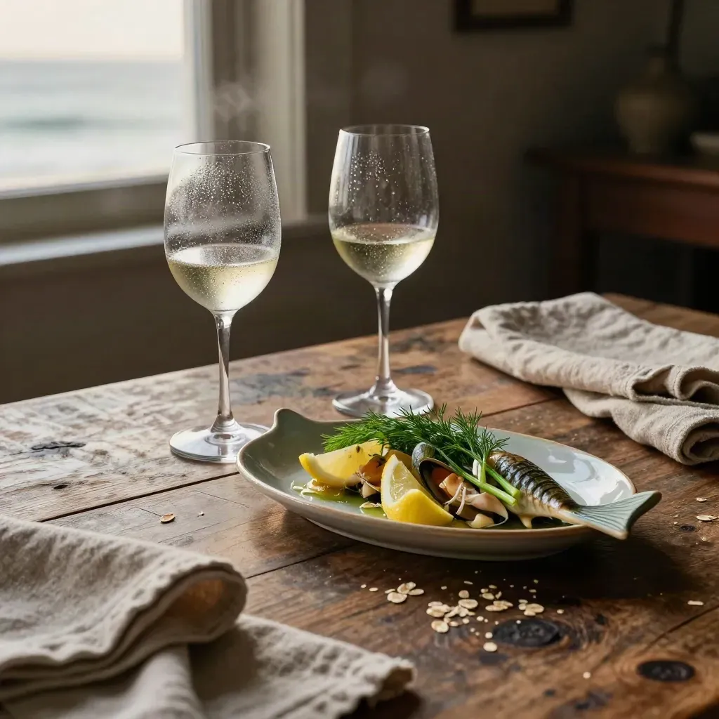 Calici freddi, piatto di pesce in ceramica, limone ed erbe su tavolo costiero al tramonto.