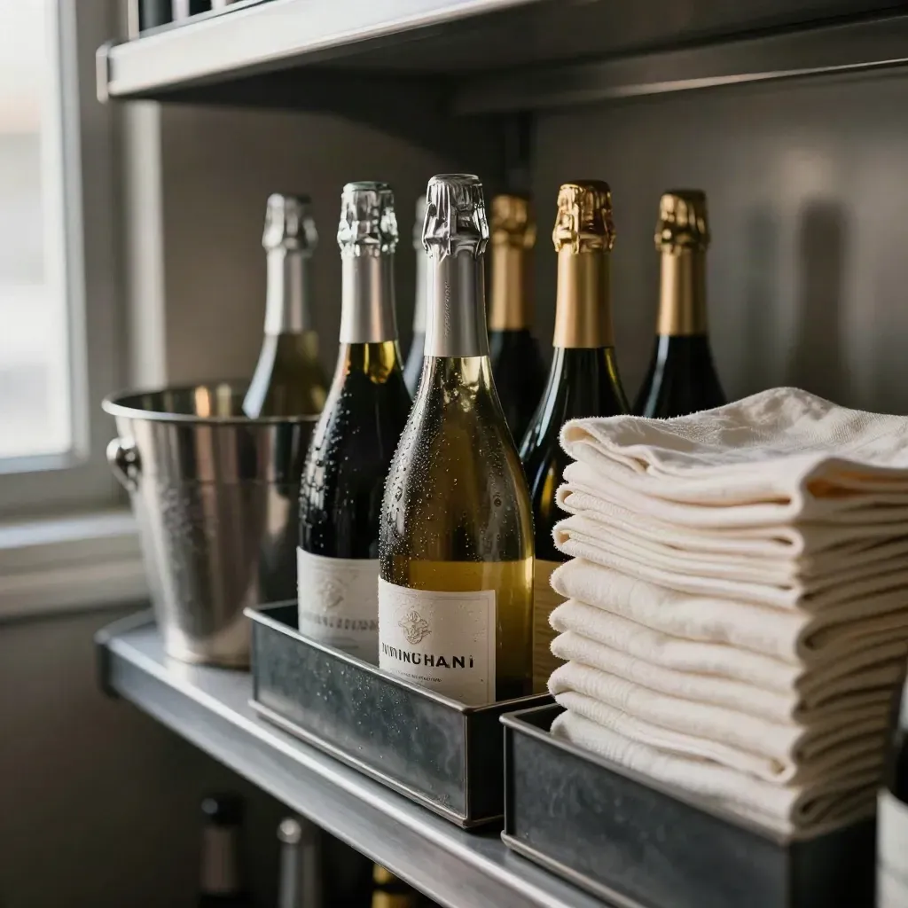 Bottiglie di spumante su scaffale di ristorante con secchio d’acciaio e asciugamani piegati