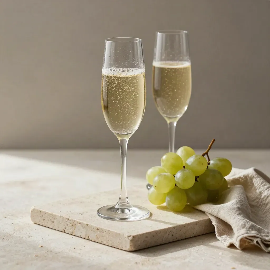 Due calici da degustazione, grappolo d’uva e lino su vassoio di pietra, luce morbida.