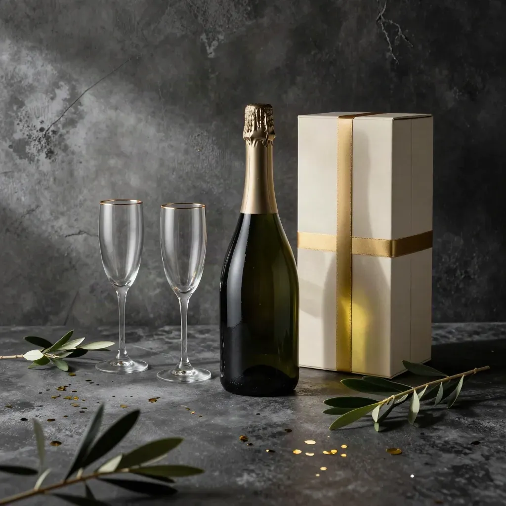 Bottiglia di spumante, calici e box regalo su tavolo scuro con foglie d’olivo e luce dorata.