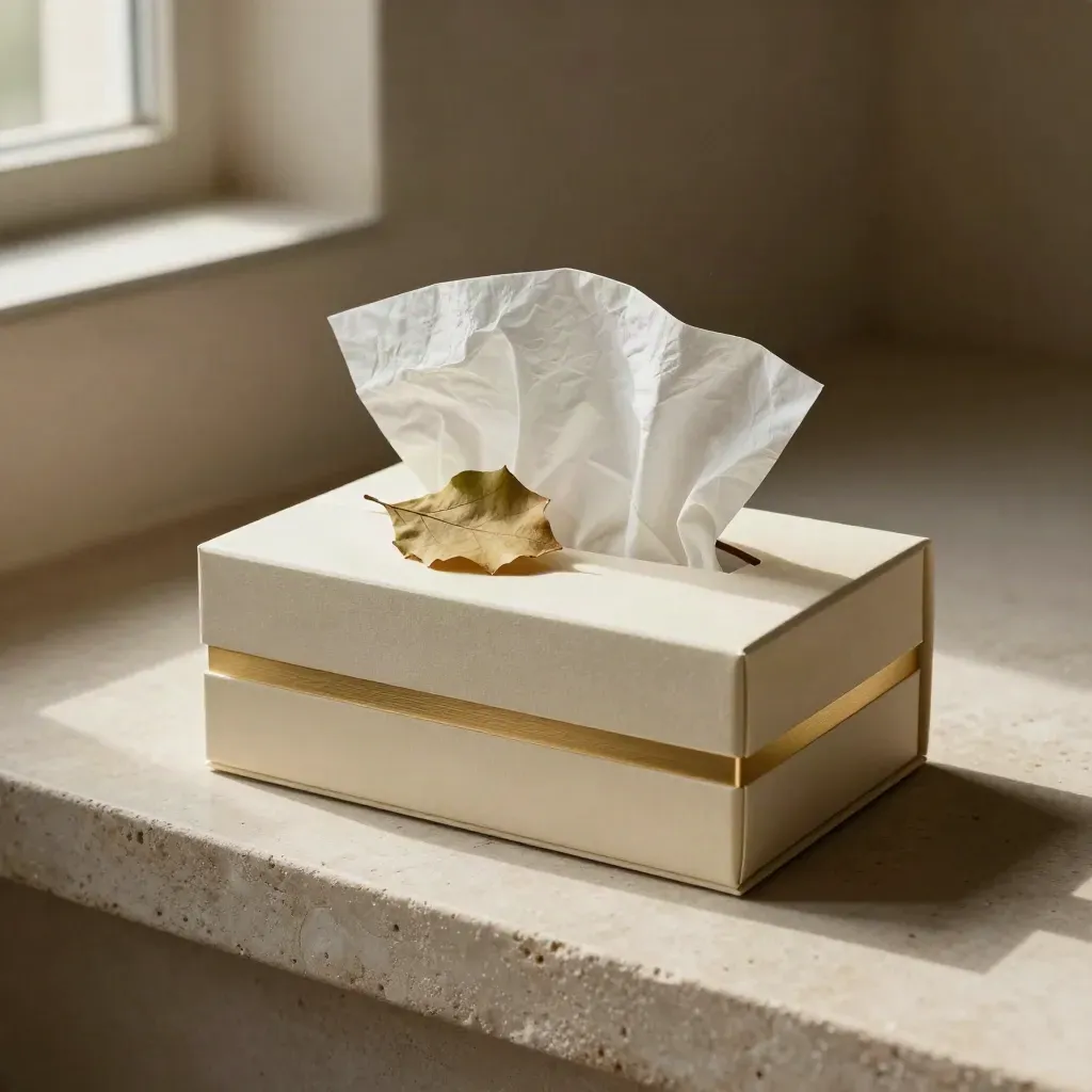 Scatola regalo crema con fascia oro, carta velina e foglia di vite su mensola di pietra.